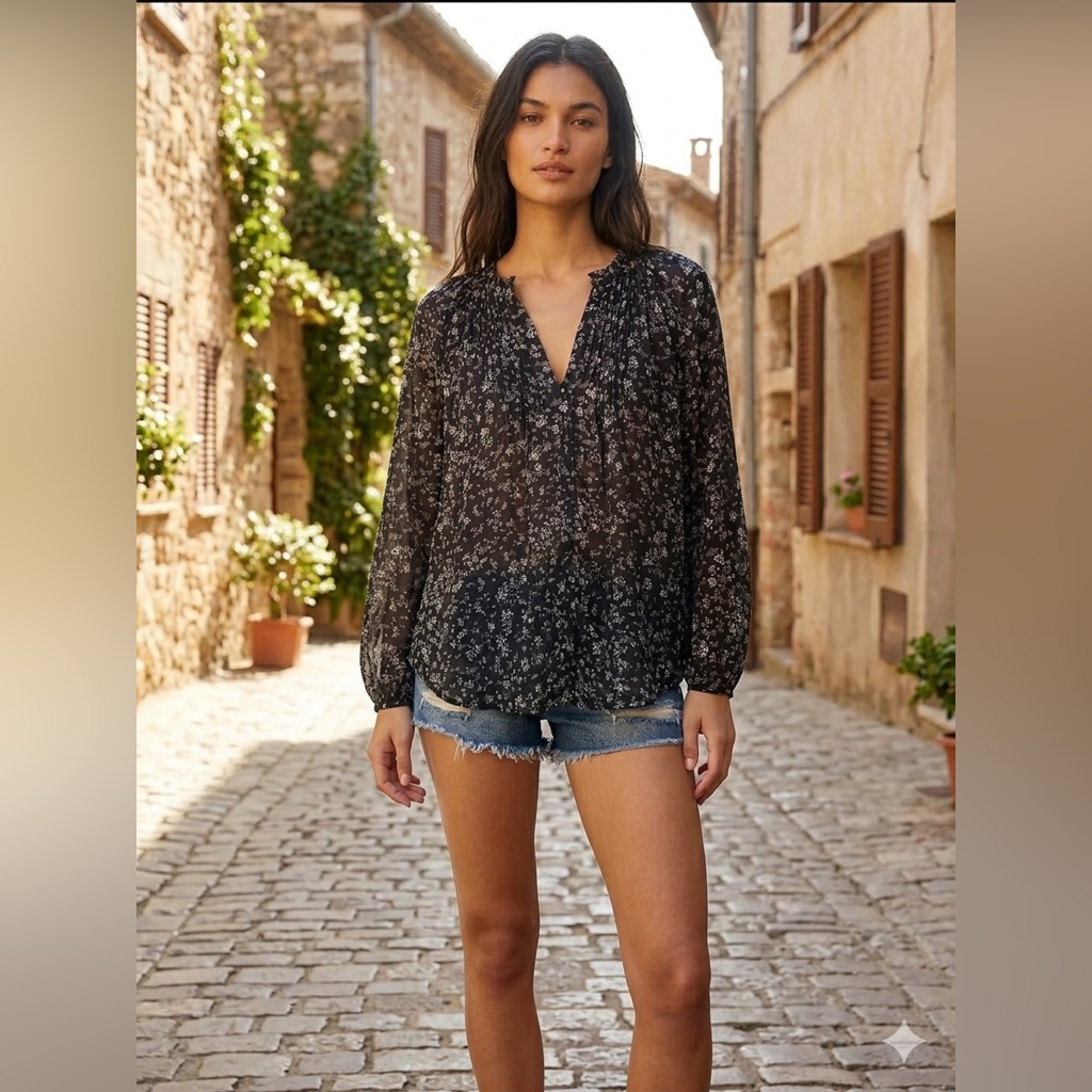 Knot Sisters Black Floral Long Sleeve Sheer Ruffled Blouse Coverup Boho Small